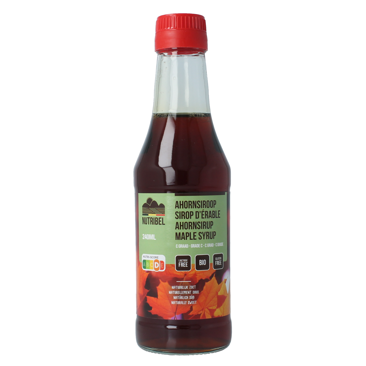 Organic Nutribel Ahornsiroop graad C in 240ml bottle, pure maple syrup for sweetening and cooking.