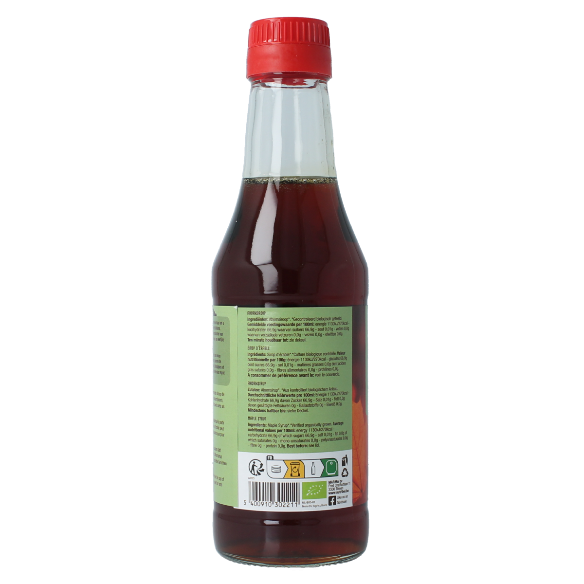 Nutribel Ahornsiroop graad C bio in 240ml bottle, natural maple syrup for sweetening and cooking.