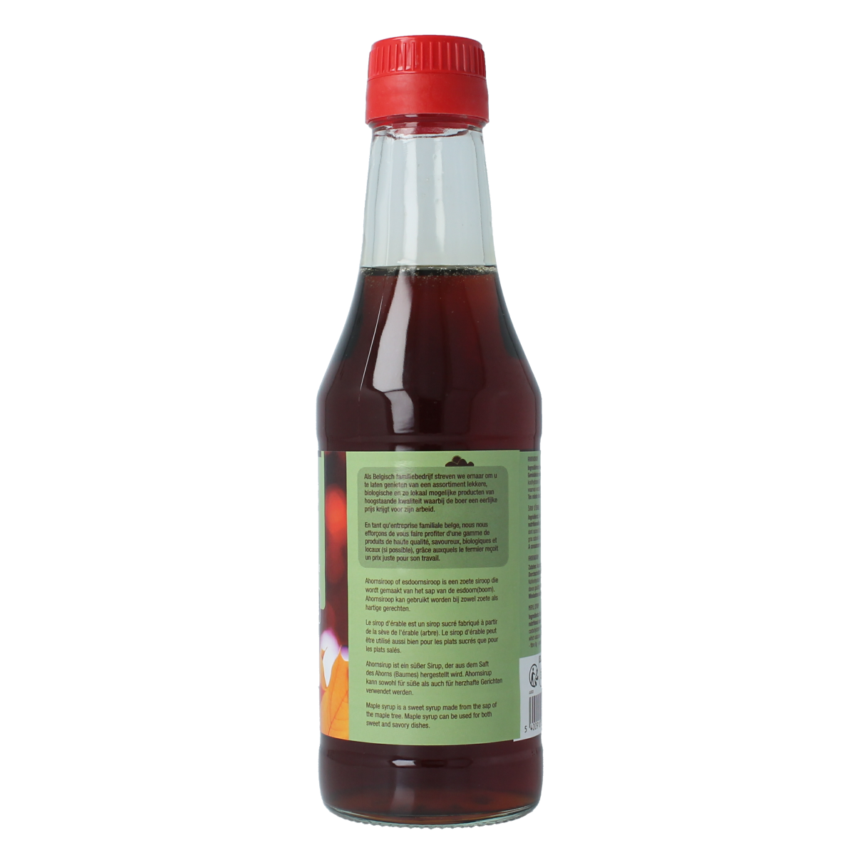 Bio Nutribel Ahornsiroop graad C in 240ml bottle, natural syrup for sweetening and baking, with rich amber color and label details.