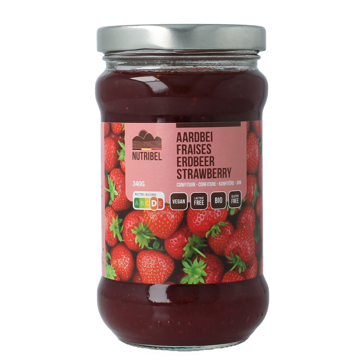 Nutribel organic strawberry jam spread on bread, 340g jar, natural fruit preserves with fresh strawberry flavor.