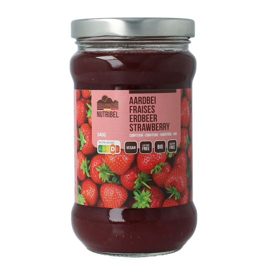 Nutribel organic strawberry jam spread on bread, 340g jar, natural fruit preserves with fresh strawberry flavor.