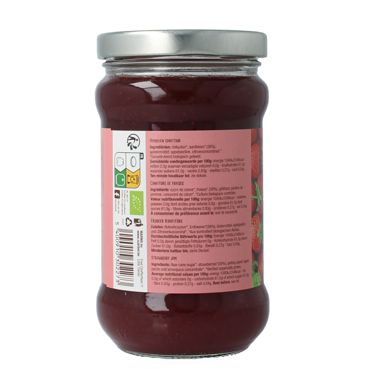 Nutribel bio aardbeien confituur spread on bread, 340g jar, natural fruit jam for breakfast or snacks.
