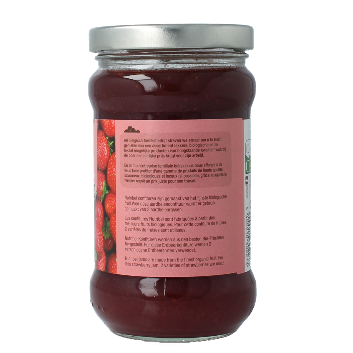Nutribel organic strawberry jam spread on bread, 340 grams, natural broodbeleg with fresh strawberry appearance.