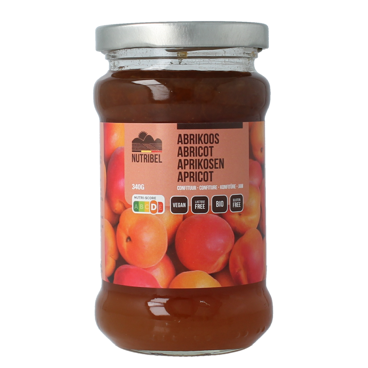 Nutribel organic apricot jam spread on bread, 340g jar, natural fruit preserves with vibrant apricot color.