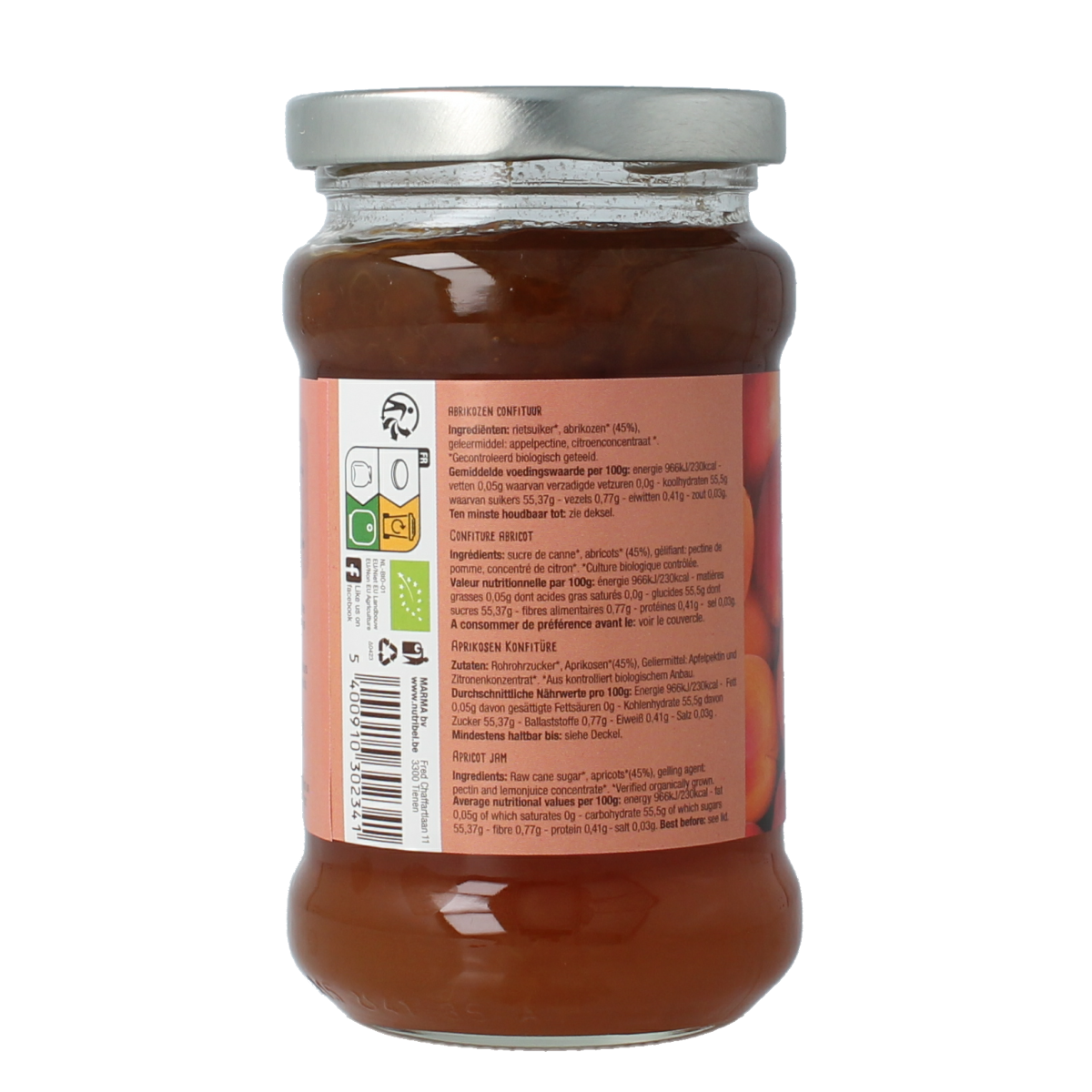 Nutribel bio apricot jam spread on bread, 340g jar, natural fruit-flavored broodbeleg with fresh apricot pieces.