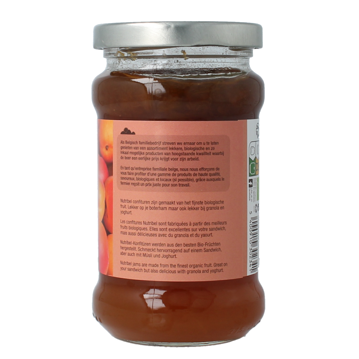 Nutribel organic apricot jam spread on bread in a jar, 340 grams, natural and fruit-filled breakfast spread.