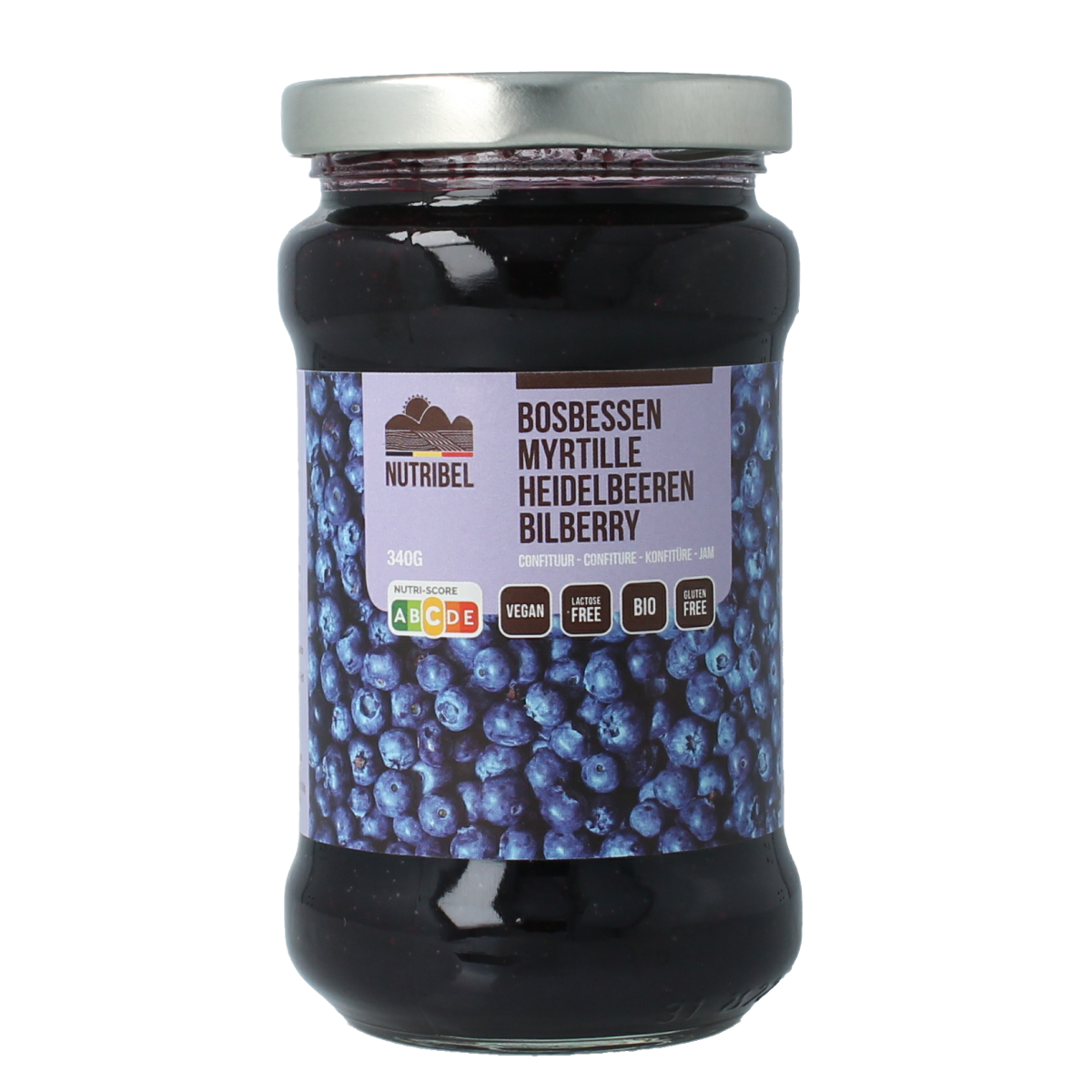 Nutribel bio blueberry jam spread on bread, 340g jar, natural fruit preserves with fresh blueberries.