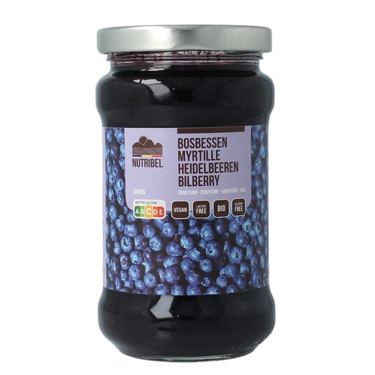 Nutribel bio blueberry jam spread on bread, 340g jar, natural fruit preserves with fresh blueberries.