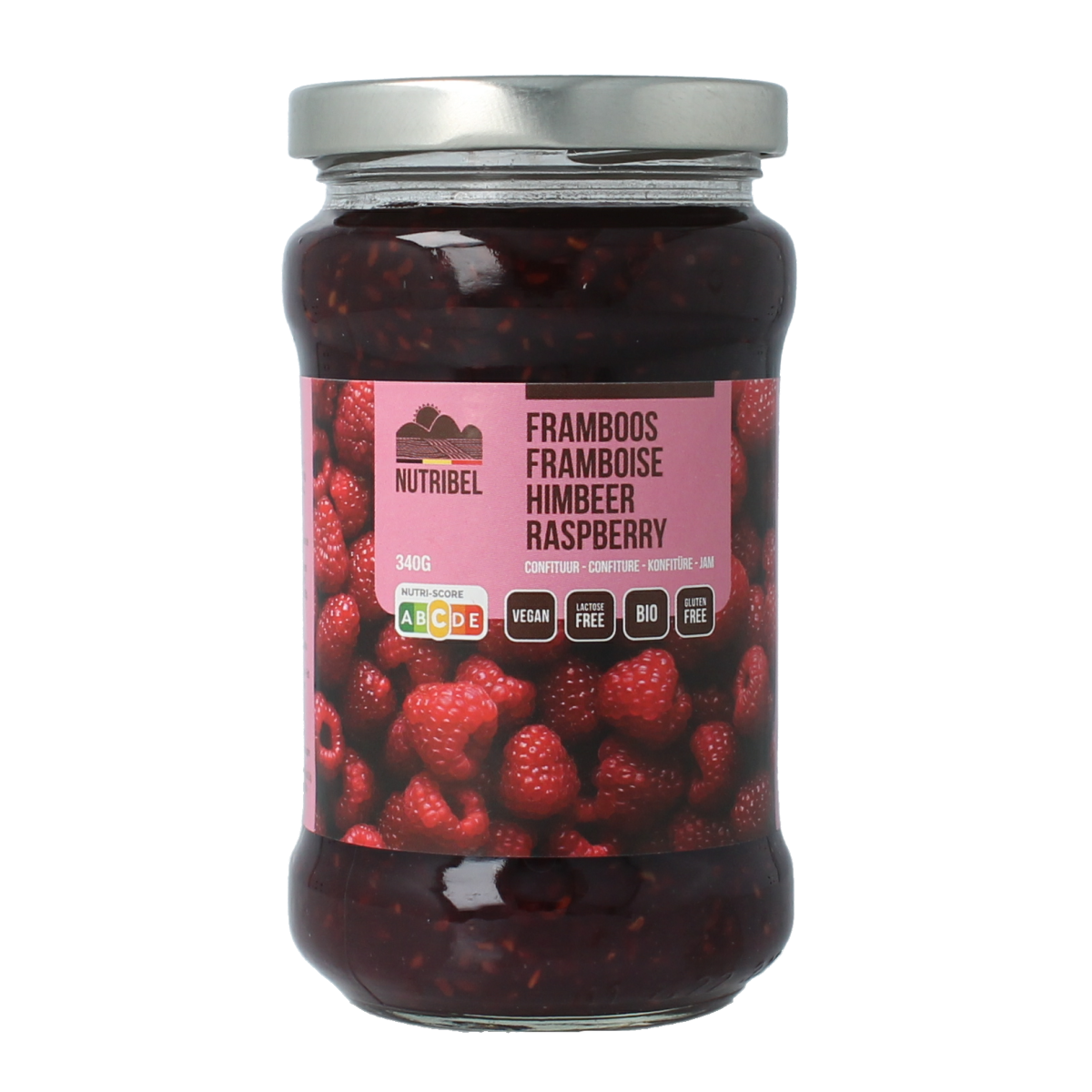Nutribel organic raspberry jam spread on bread, 340 grams, natural broodbeleg with fresh raspberry appearance