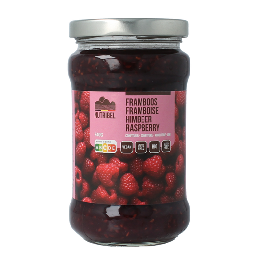 Nutribel organic raspberry jam spread on bread, 340 grams, natural broodbeleg with fresh raspberry appearance