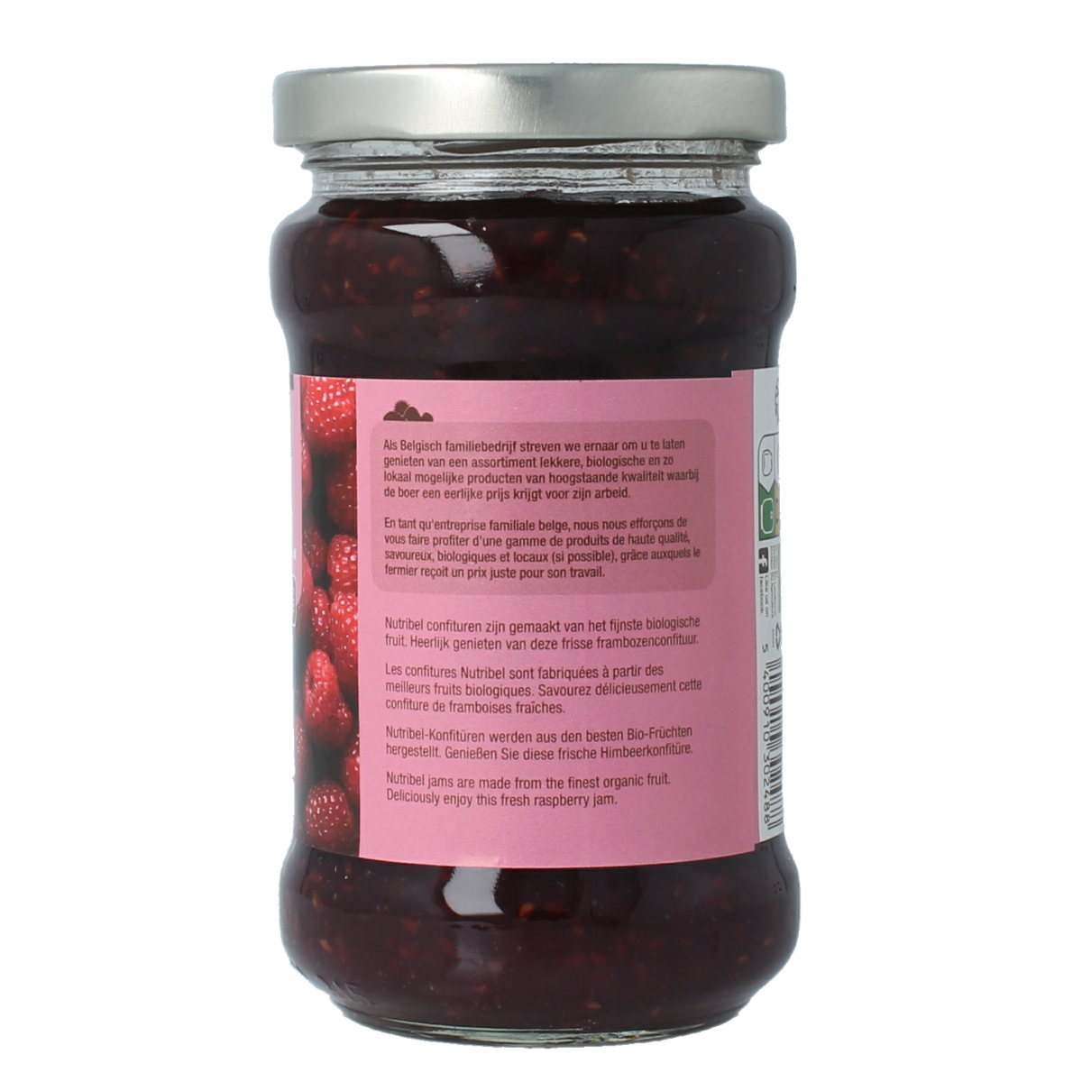 Organic Nutribel raspberry jam spread on bread, 340g jar, showcasing fresh raspberries and jam texture.