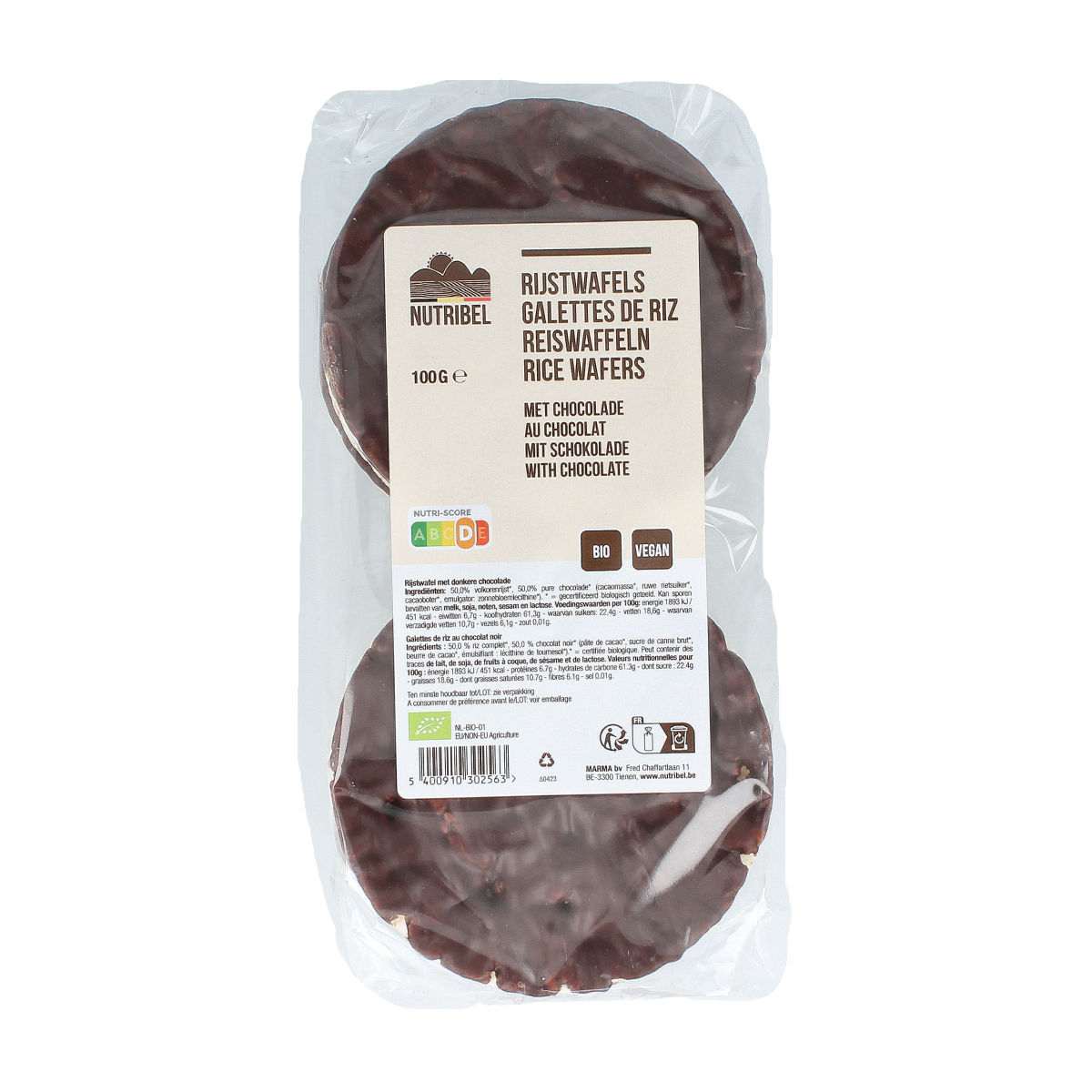 Nutribel rice cakes with pure organic chocolate, 100g, showing crispy rice wafels topped with smooth chocolate.