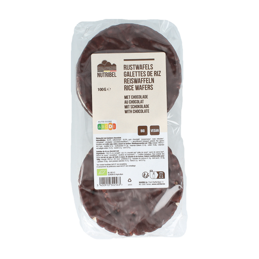 Nutribel rice cakes with pure organic chocolate, 100g, showing crispy rice wafels topped with smooth chocolate.