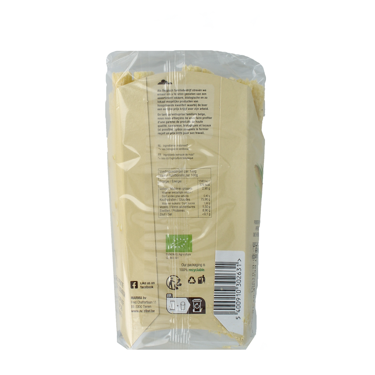 Nutribel Apero stick mais bio, 50g, organic corn snack in a clear package, ideal for snacks or Tussendoortjes.