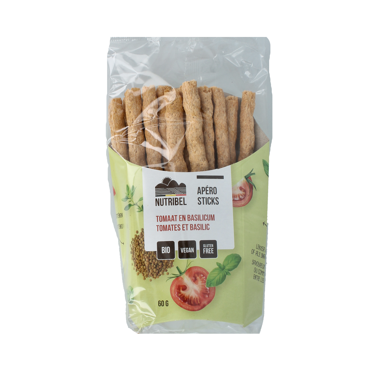 Nutribel Apero stick tomaat basilicum organic snack, 60g, featuring crispy tomato and basil flavor in a transparent package.