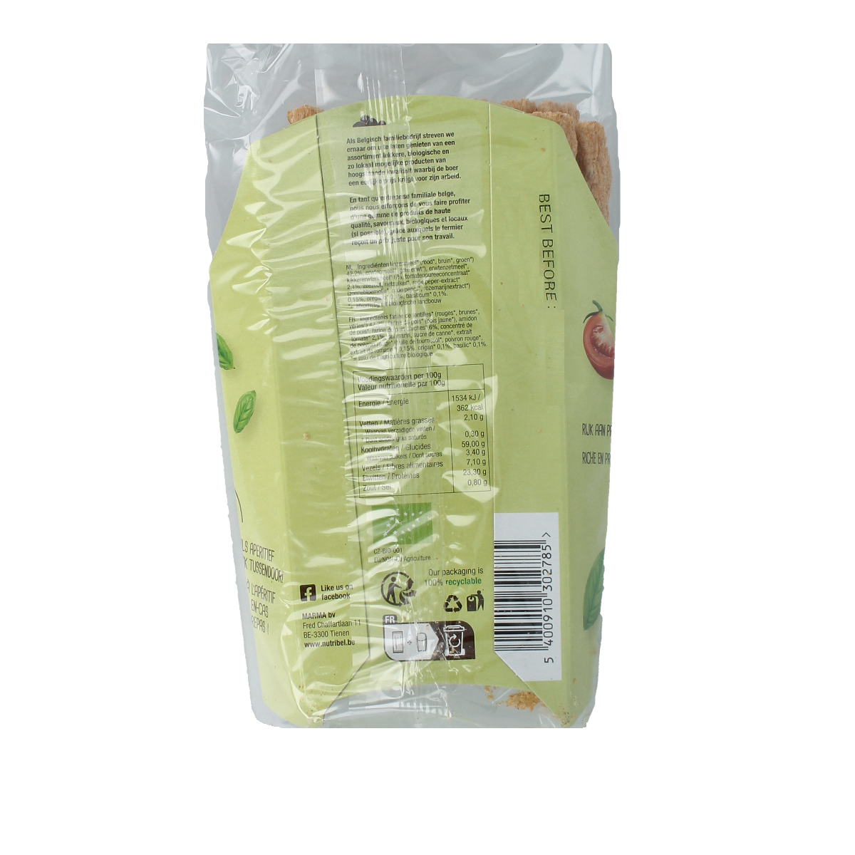 Nutribel Apero stick tomaat basilicum bio, 60g, crispy snack with tomato and basil flavor, in a clear packaging.