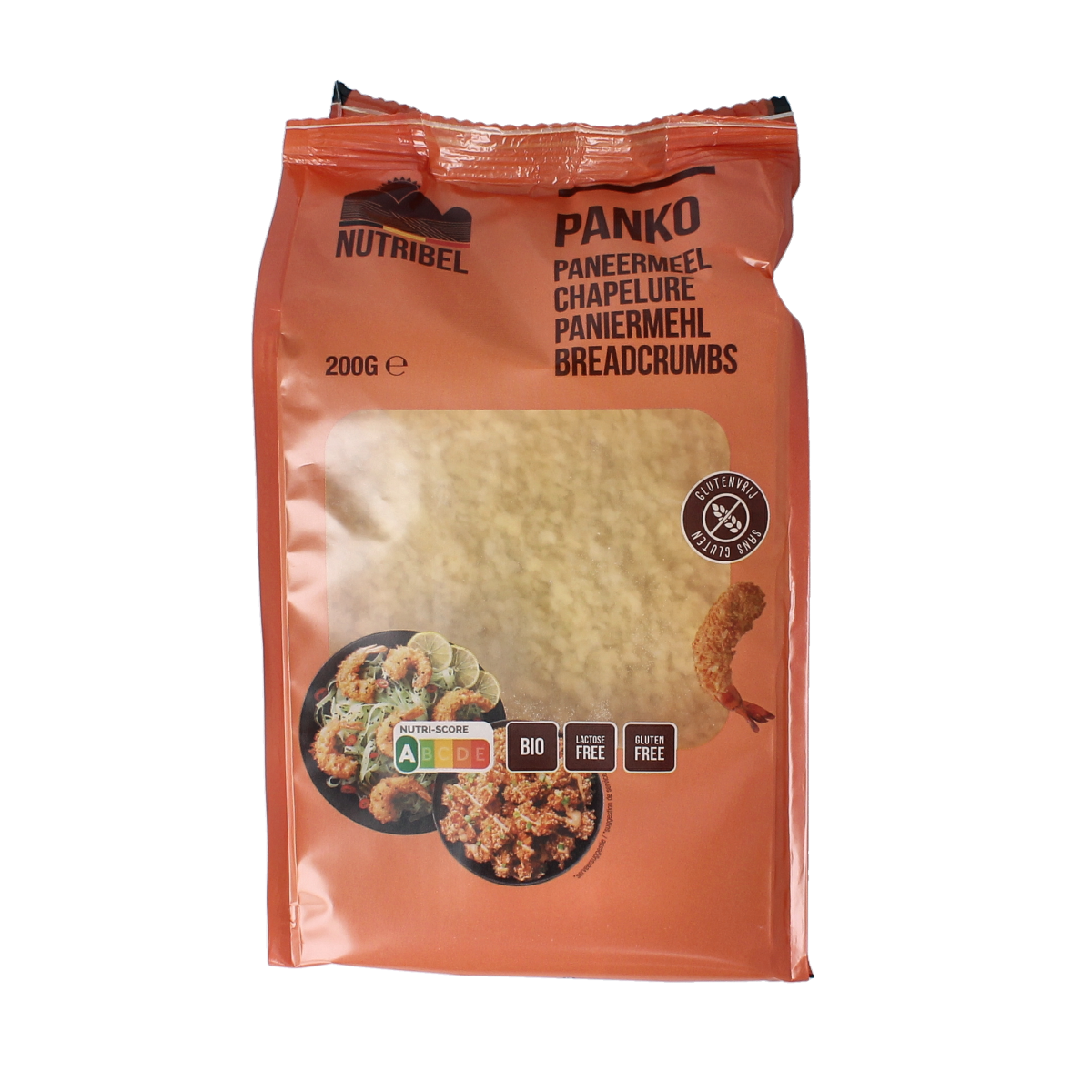 Nutribel gluten-free organic Panko breadcrumbs in a 200g package, used for cooking and coating in sauces and flavorings.