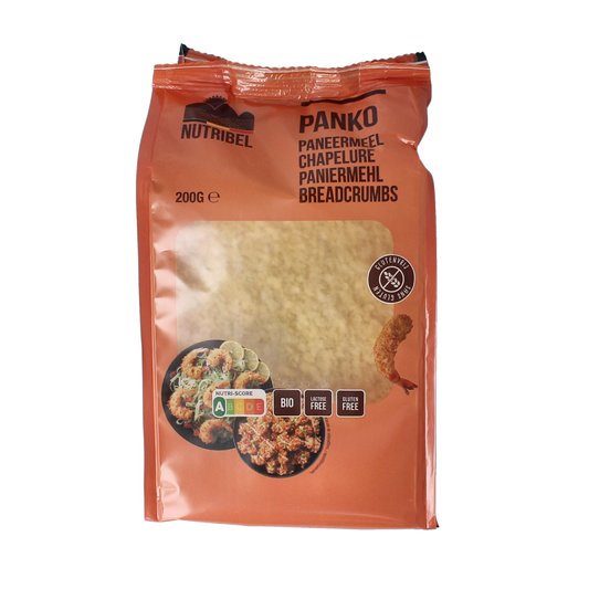 Nutribel gluten-free organic Panko breadcrumbs in a 200g package, used for cooking and coating in sauces and flavorings.
