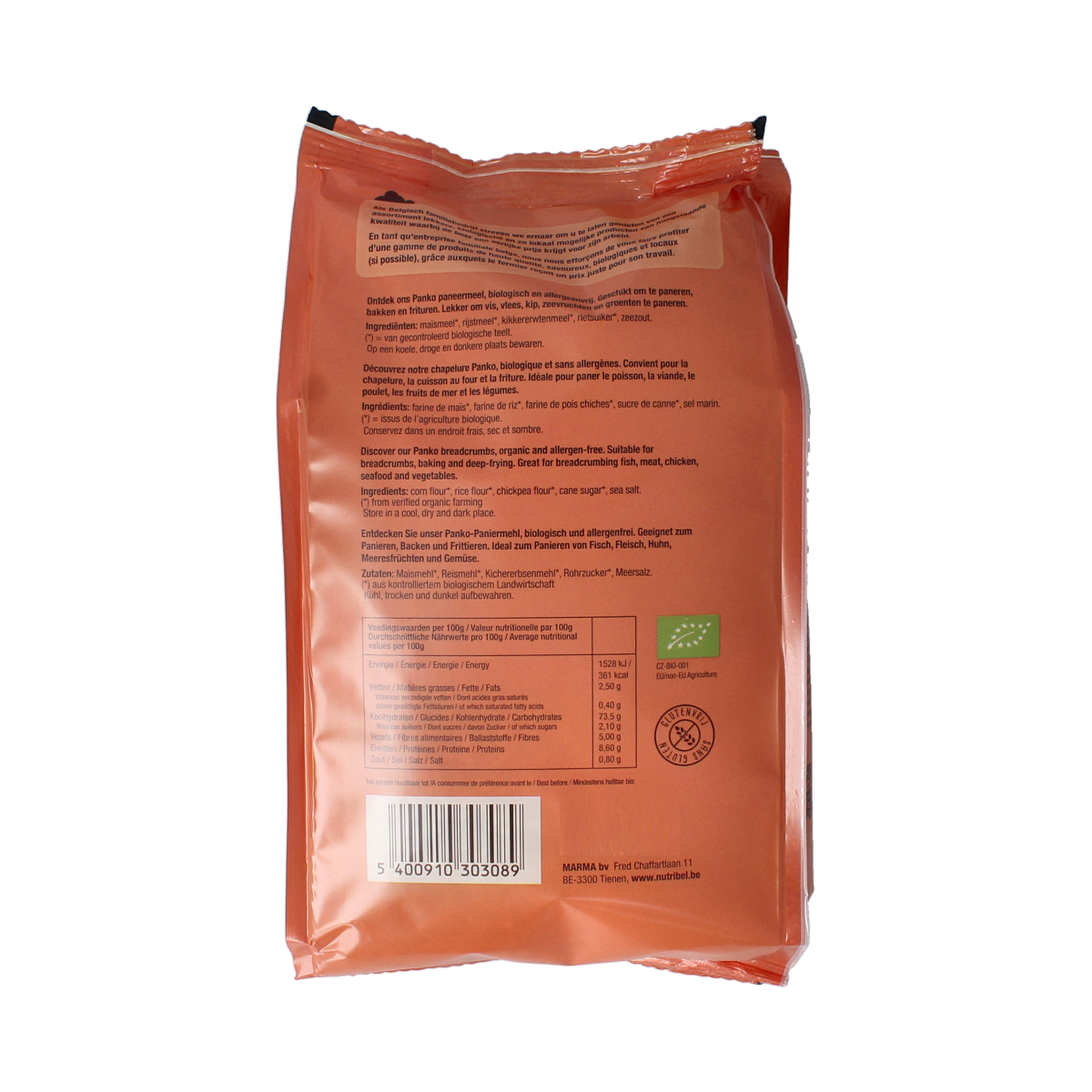 Nutribel gluten-free organic Panko breadcrumb pack, 200g, for cooking and baking, in a clear bag displaying breadcrumbs.