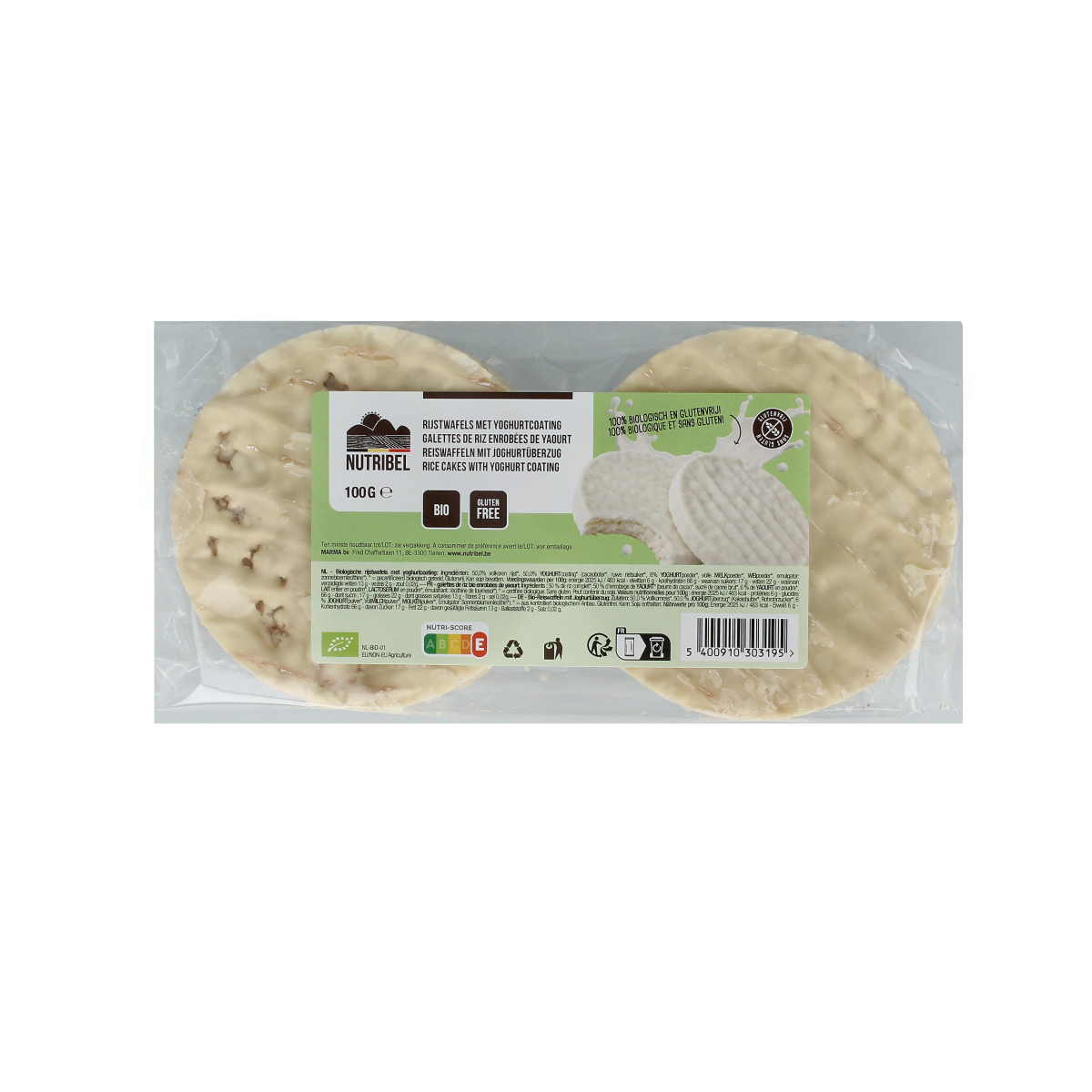 Nutribel bio rice cakes with yogurt coating, 100g, crispy whole grain crackers for snacking or breakfast.