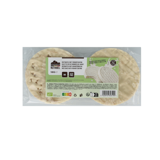 Nutribel bio rice cakes with yogurt coating, 100g, crispy whole grain crackers for snacking or breakfast.