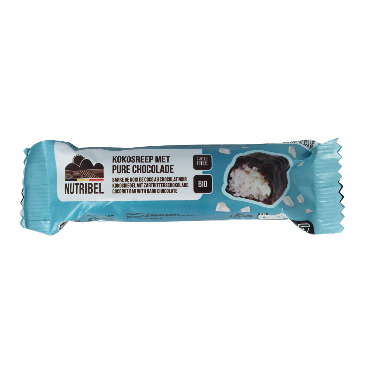 Nutribel coconut cream with pure bio chocolate, 40g, showing a chocolate-covered coconut treat in a clear wrapper.