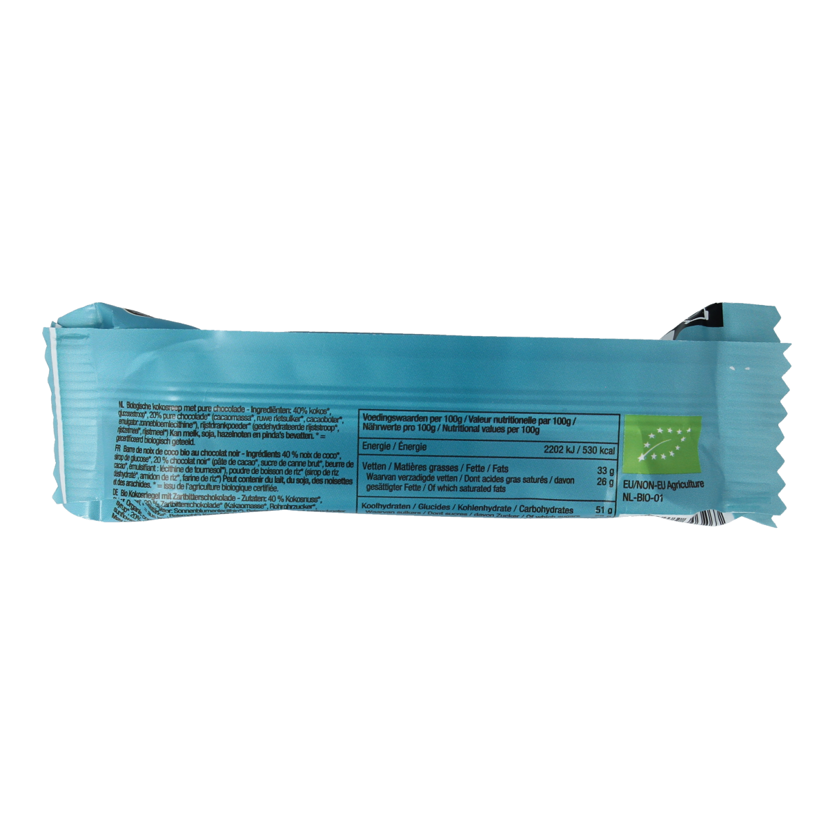 Nutribel Kokosreep met pure chocolade bio, 40g, showing a coconut and chocolate-covered snack bar on packaging.
