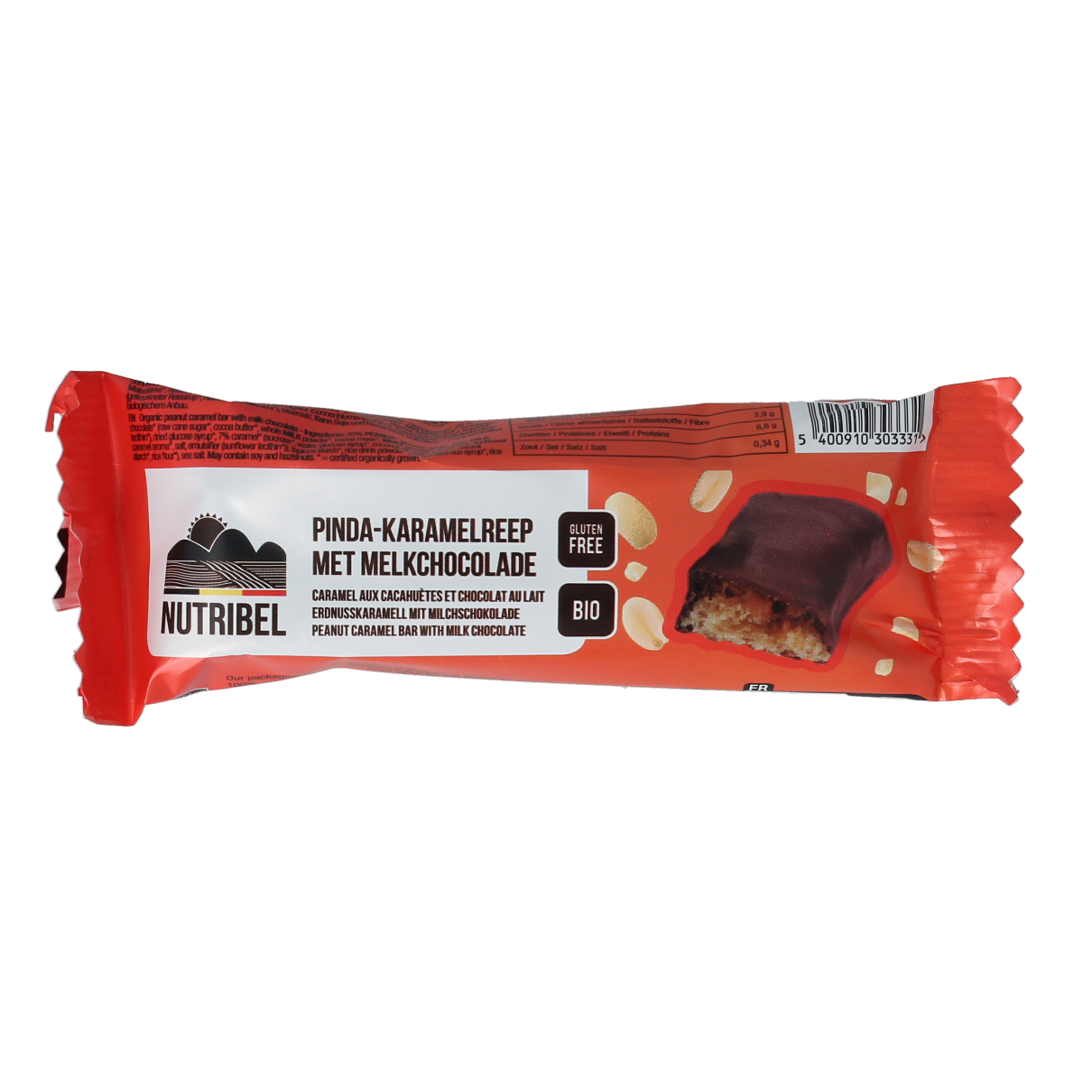 Nutribel Pinda karamel reep melkchocolade bio, 40g, with caramel peanut filling and milk chocolate coating.
