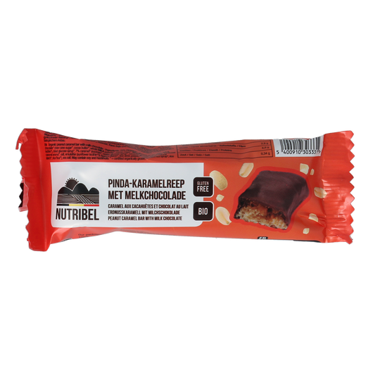 Nutribel Pinda karamel reep melkchocolade bio, 40g, with caramel peanut filling and milk chocolate coating.