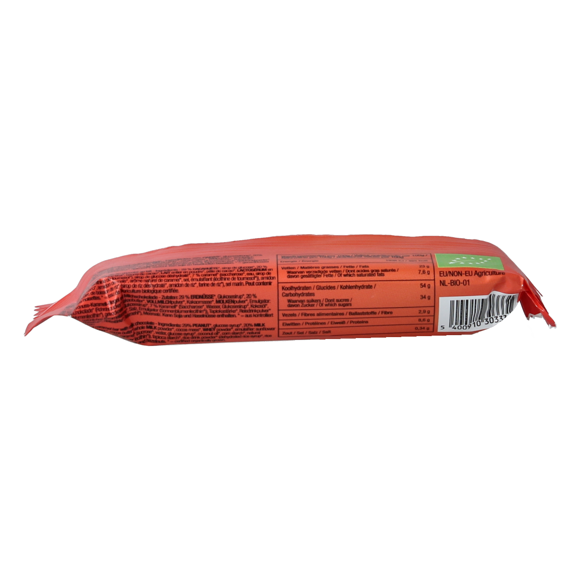 Nutribel Pinda karamel reep melkchocolade bio 40g, a bar of milk chocolate with peanut caramel flavor, shown in the image.