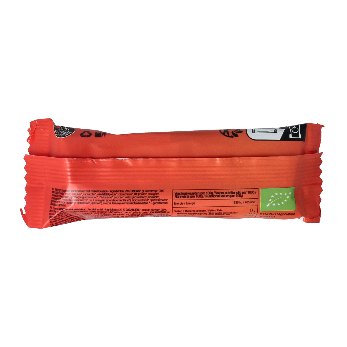 Nutribel Pinda Karamel Reep melkchocolade bio, 40g, with visible milk chocolate coating and caramel peanut filling.