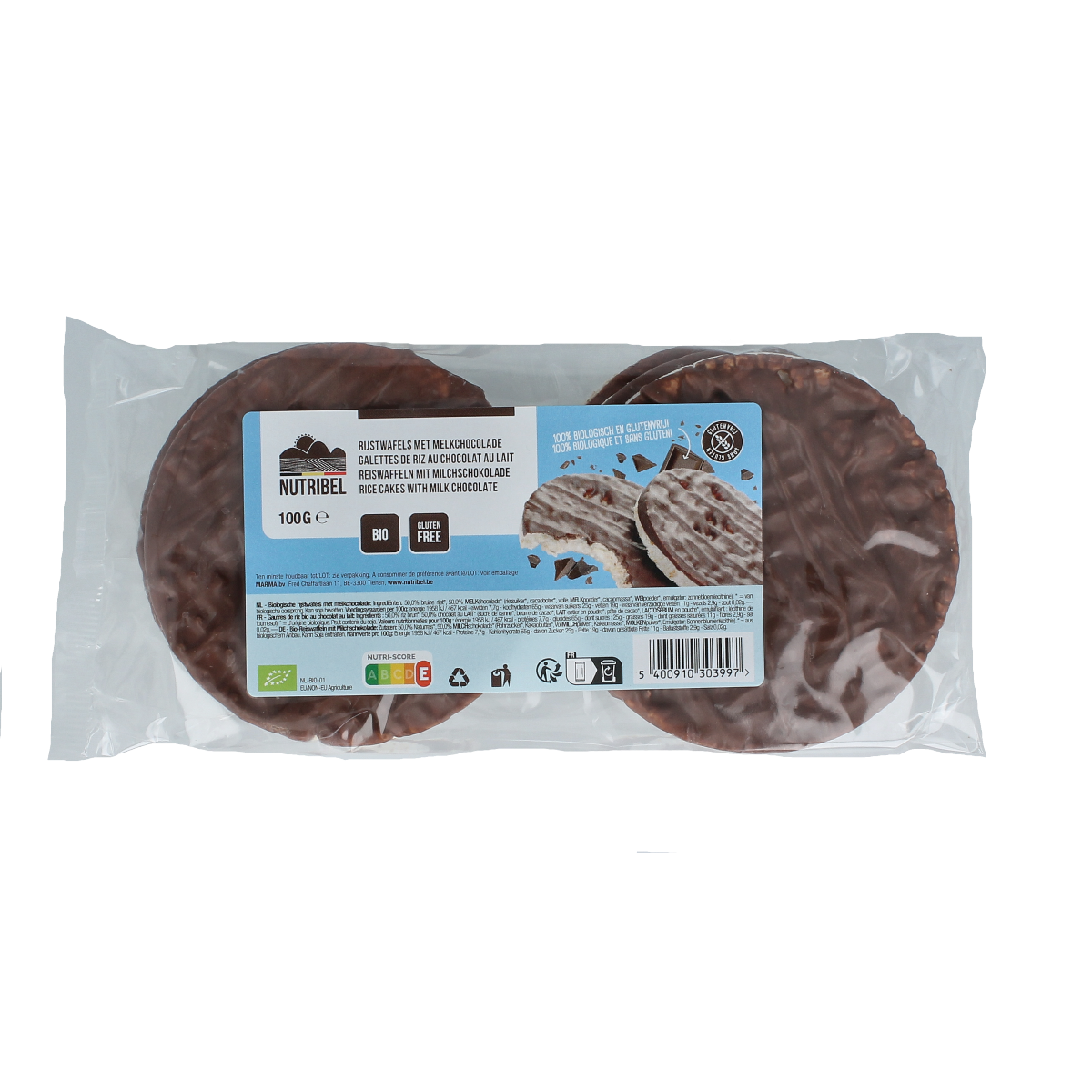Nutribel bio melkchocolade rijstwafels, 100g, crispy rice crackers with milk chocolate coating, ideal for snacks.
