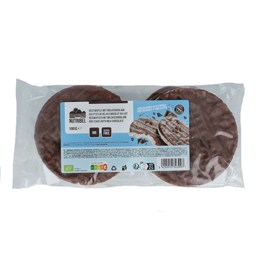 Nutribel bio melkchocolade rijstwafels, 100g, crispy rice crackers with milk chocolate coating, ideal for snacks.