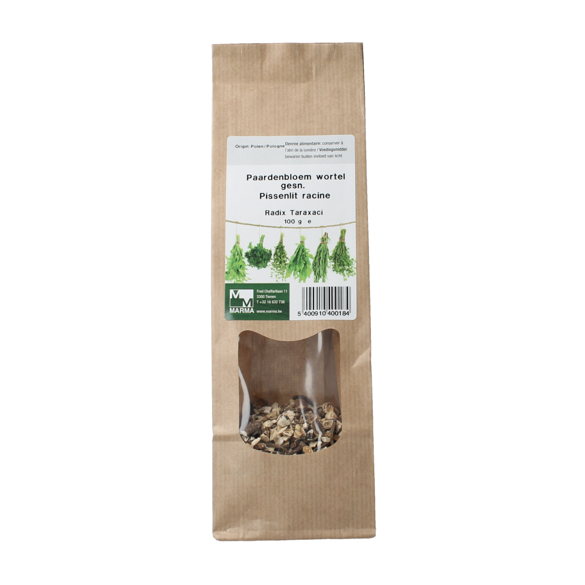 Sliced dried Marma Paardenbloem wortel in a 100g package, natural herbal root for cooking and herbal remedies.