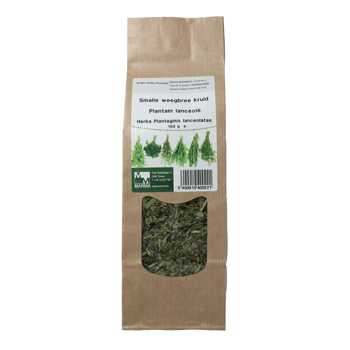 Marma Smalle weegbree kruid in 100g package, a natural herb used in spices, salts, and meal mixes, shown in the image.