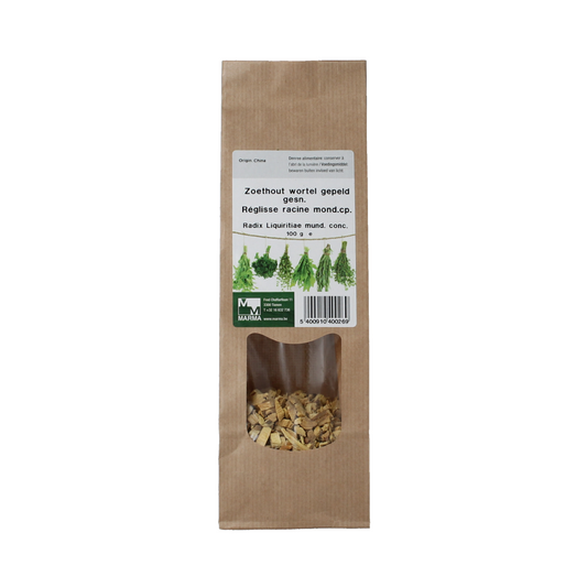 Sliced peeled licorice root from Marma in a 100g package, used as a herbal spice or cooking ingredient.