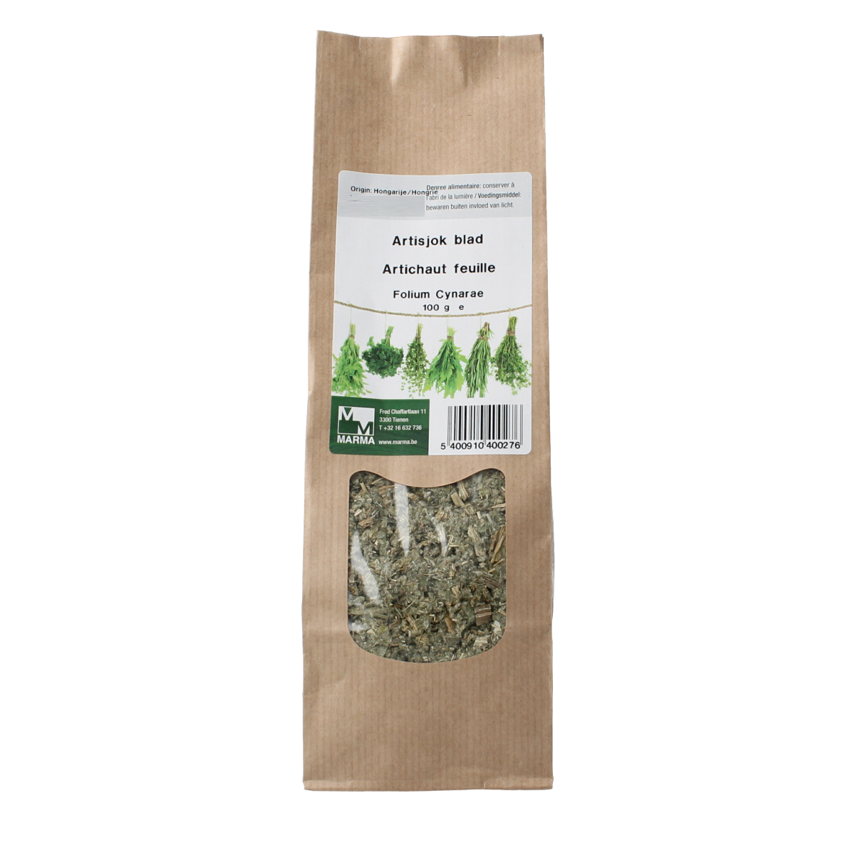 Fresh Marma Artisjok blad in 100g package, a natural herb used in kruiden, zouten en maaltijdmixen.