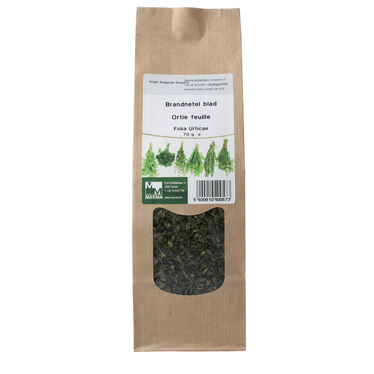 Dried nettle leaves in a package of Marma Brandnetel blad, 70 grams, used in herbal remedies and cooking.