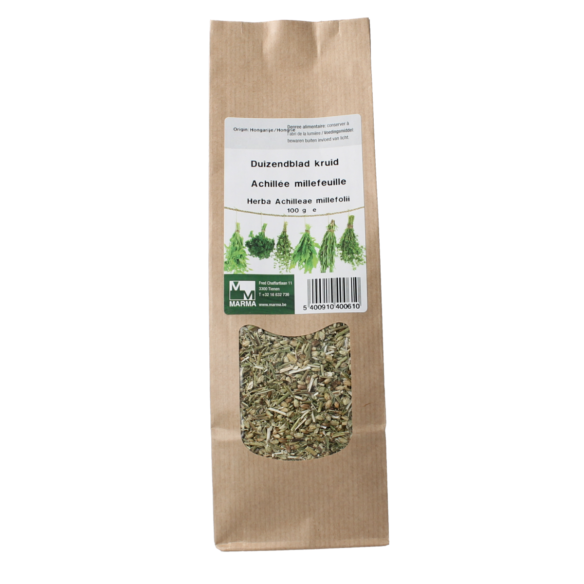 Marma Duizendblad kruid in a 100g package, part of kruiden, zouten en maaltijdmixen, shown in a clear container with dried herbs.