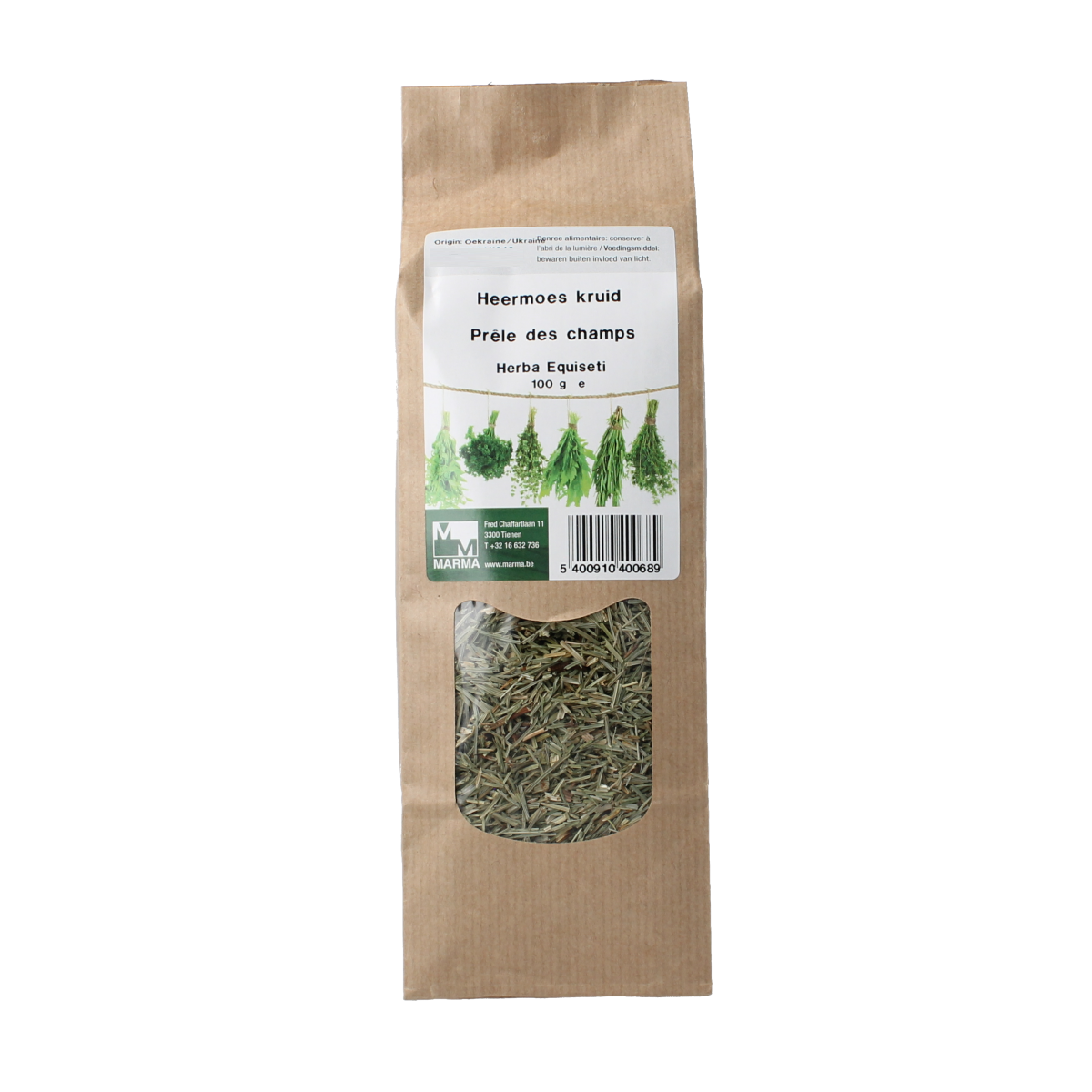 Marma Heermoes paardestaart kruid in 100 gram package, herbal supplement for cooking and health, shown in the image.