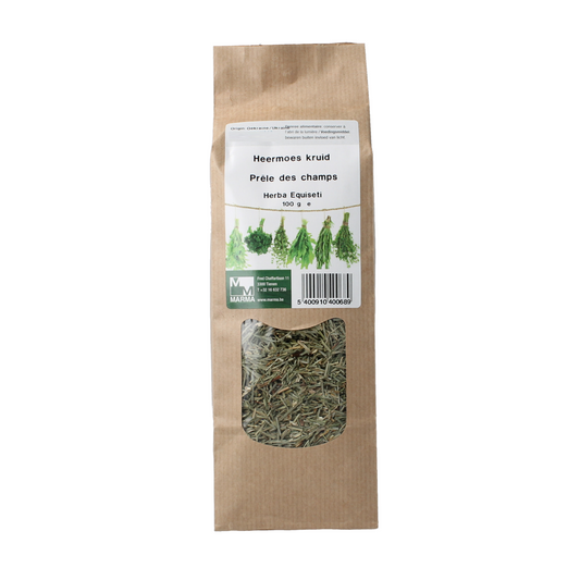 Marma Heermoes paardestaart kruid in 100 gram package, herbal supplement for cooking and health, shown in the image.