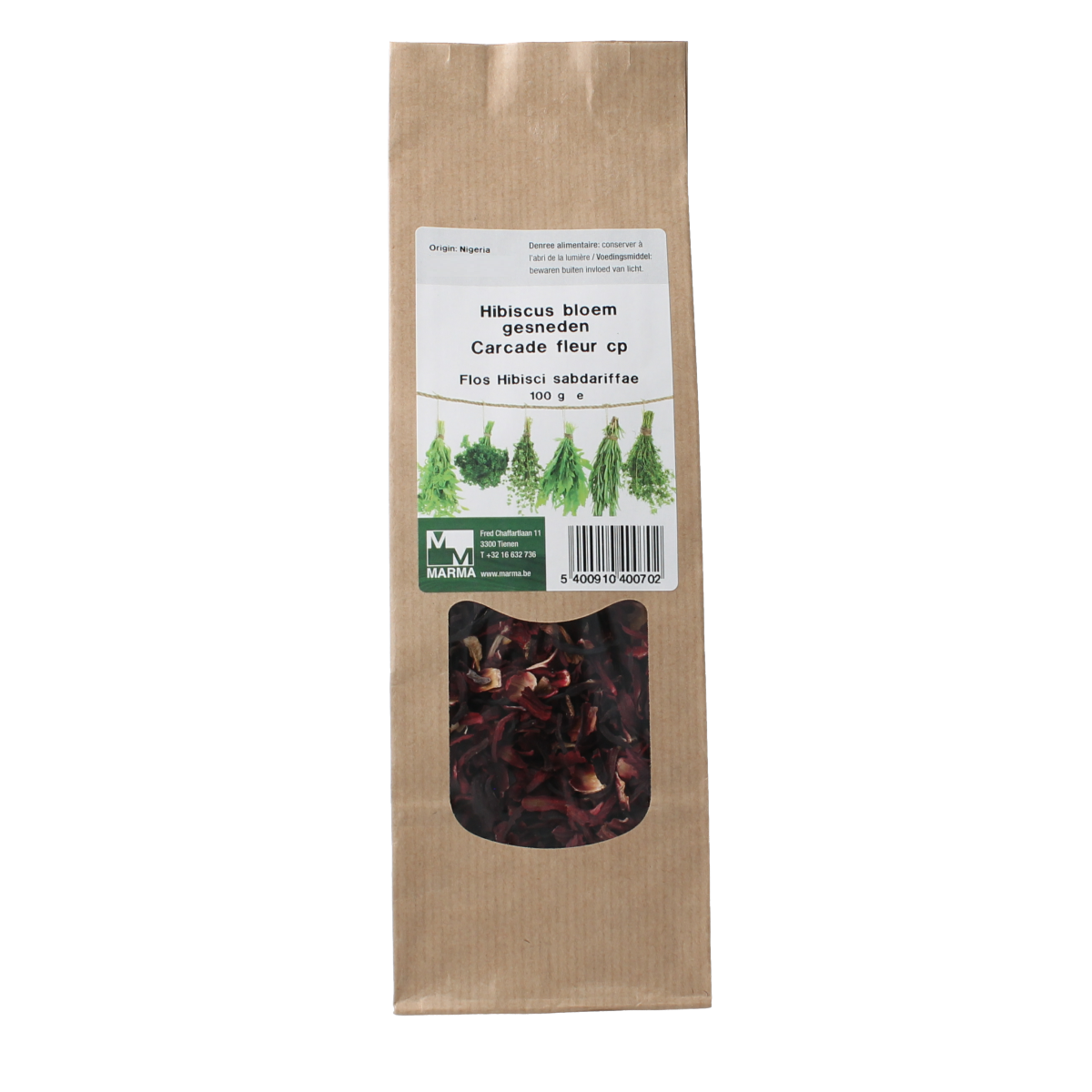 Sliced Marma Hibiscus flower petals in a 100g package, part of Marma's herbal, salt, and meal mix collection.