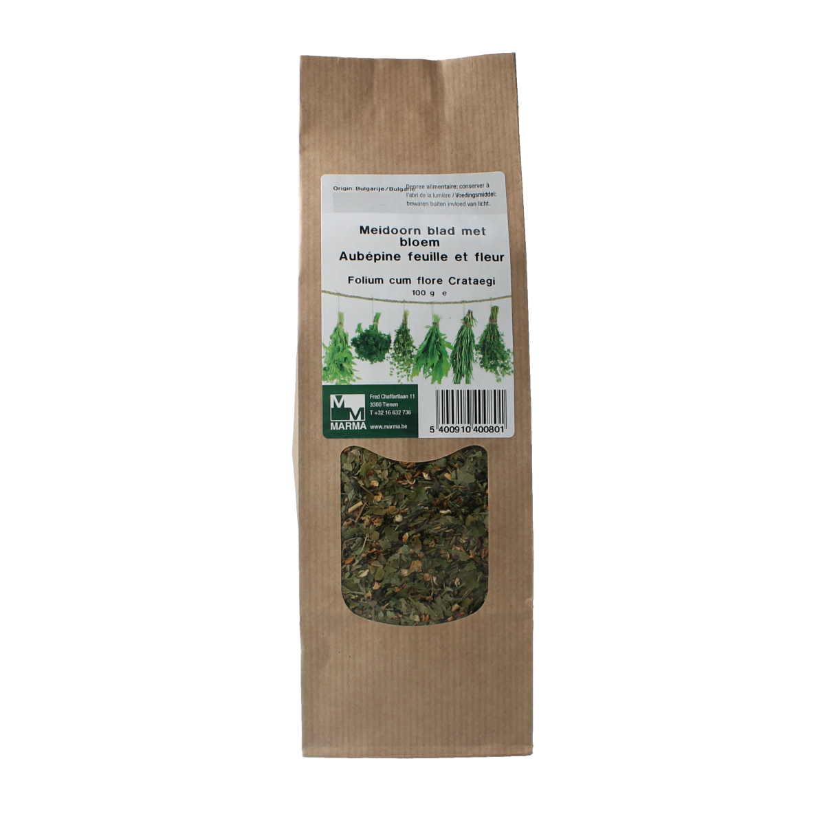 Marma Meidoorn blad met bloem kruiden, 100g, shown in a clear package with fresh green leaves and delicate white flowers.