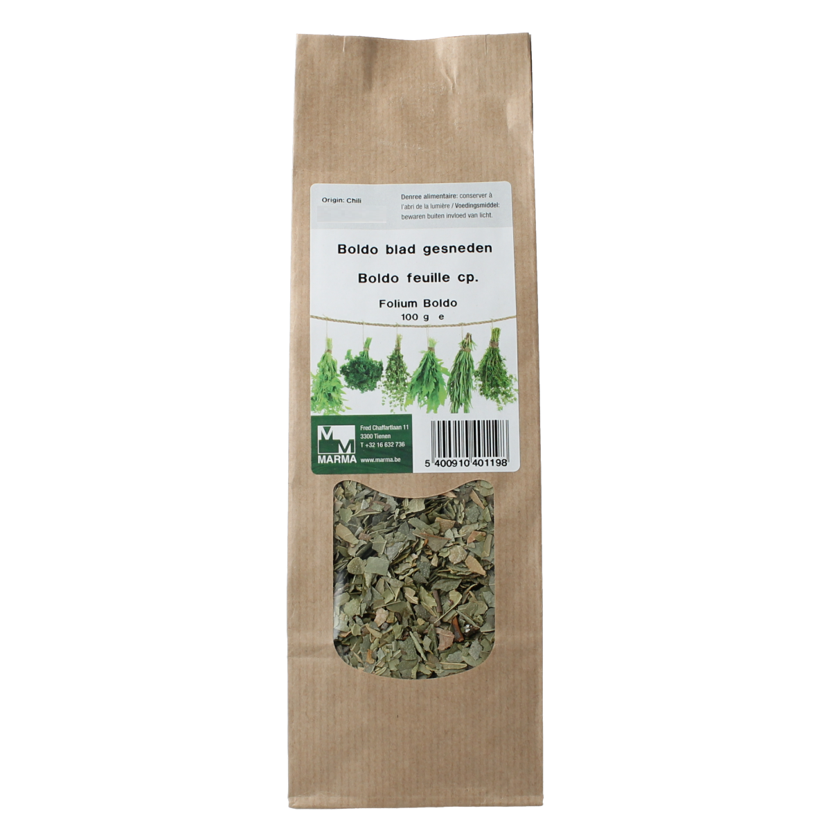 Sliced Boldo herb from Marma, 100 grams, used as a culinary herb in cooking and herbal remedies.