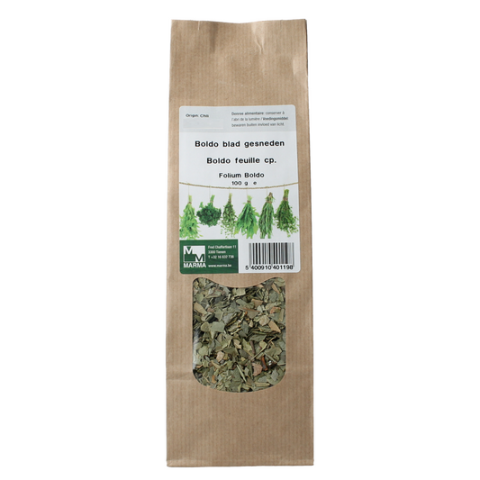 Sliced Boldo herb from Marma, 100 grams, used as a culinary herb in cooking and herbal remedies.