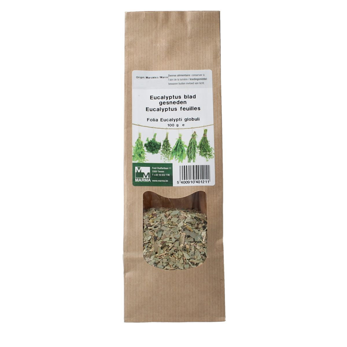 Marma Eucalyptus blad, 100g, dried eucalyptus leaves for herbal use, in a clear container showing green, textured eucalyptus leaves.