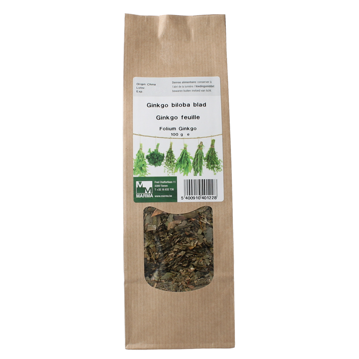 Marma Ginkgo biloba blad in 100g package, herbal supplement for mental clarity and focus, part of kruiden, zouten en maaltijdmixen.