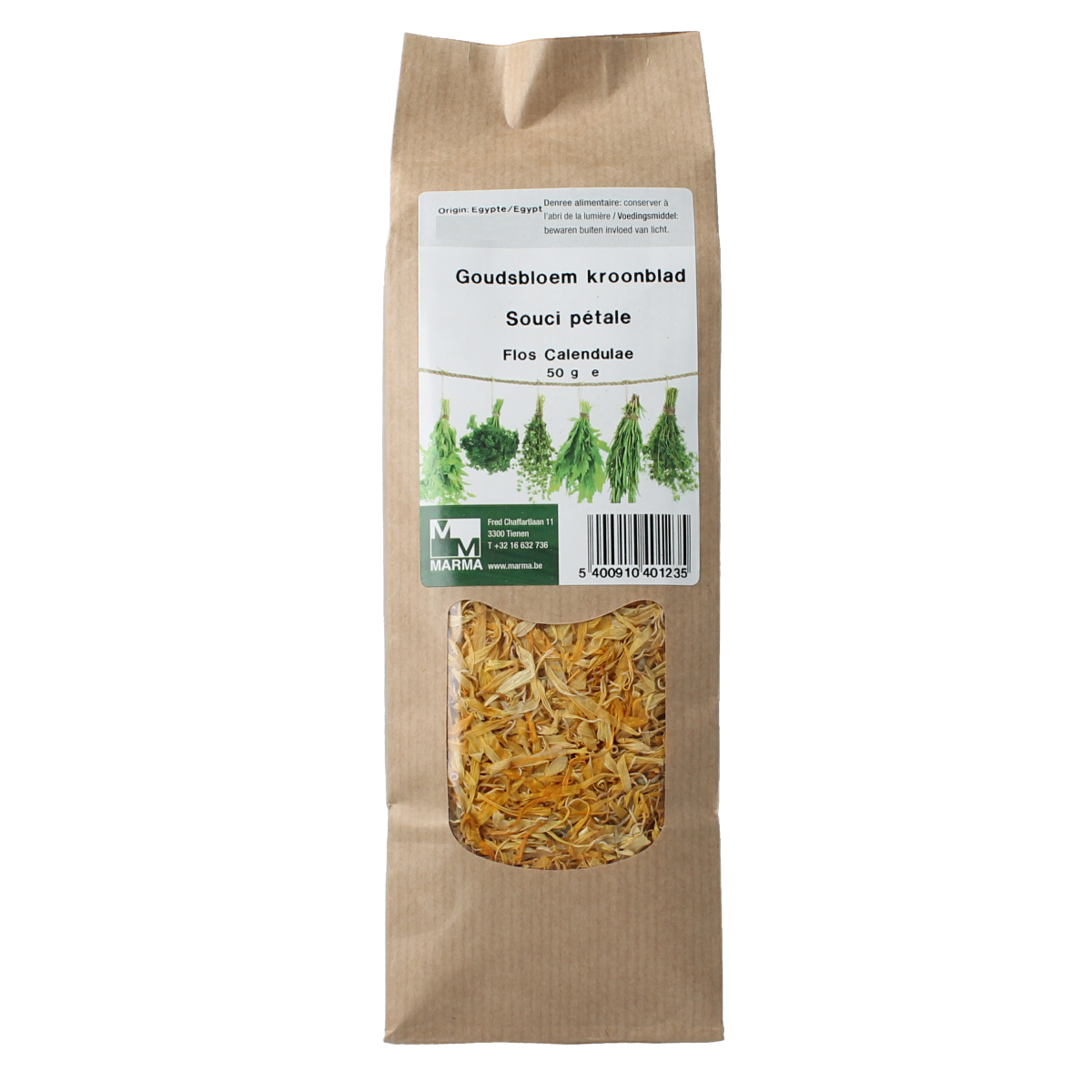 Marma Goudsbloem kroonblad kruiden in 50g package, used for cooking and herbal remedies, with vibrant yellow petals visible.
