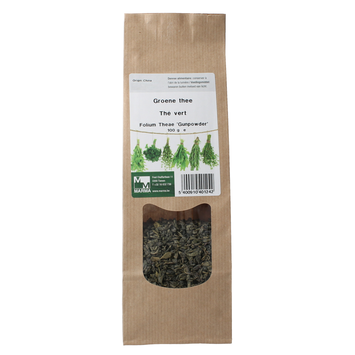 Marma Groene thee 100g in a clear glass jar, showing vibrant green tea leaves, part of kruiden, zouten en maaltijdmixen collection.
