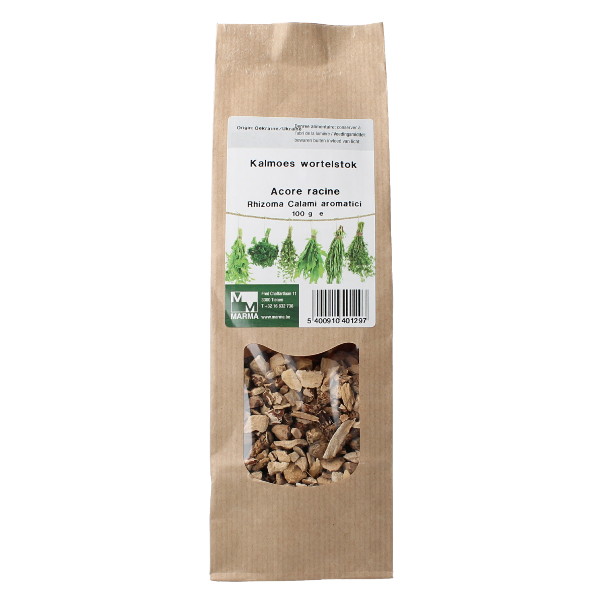 Marma Kalmoes wortelstok 100g, dried turmeric root for cooking and spice blends, from Marma, in a clear packaging.